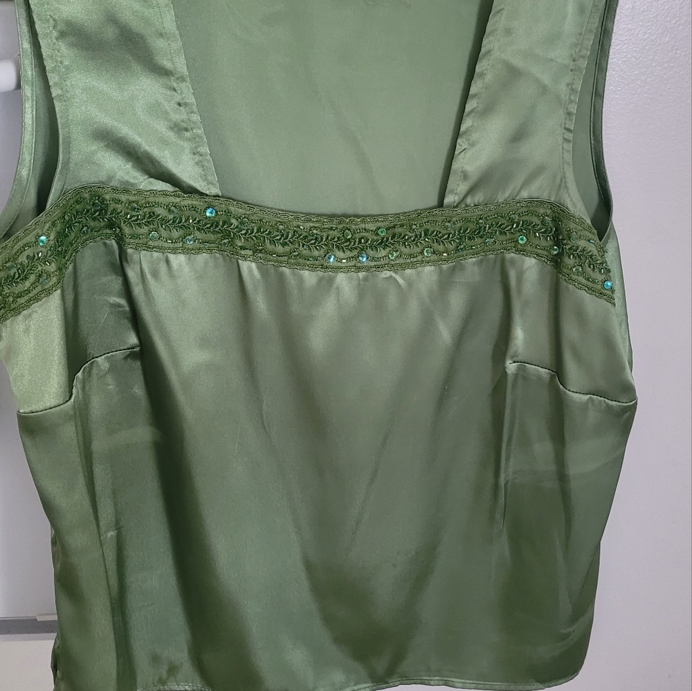 Plus sequined green satin tank top